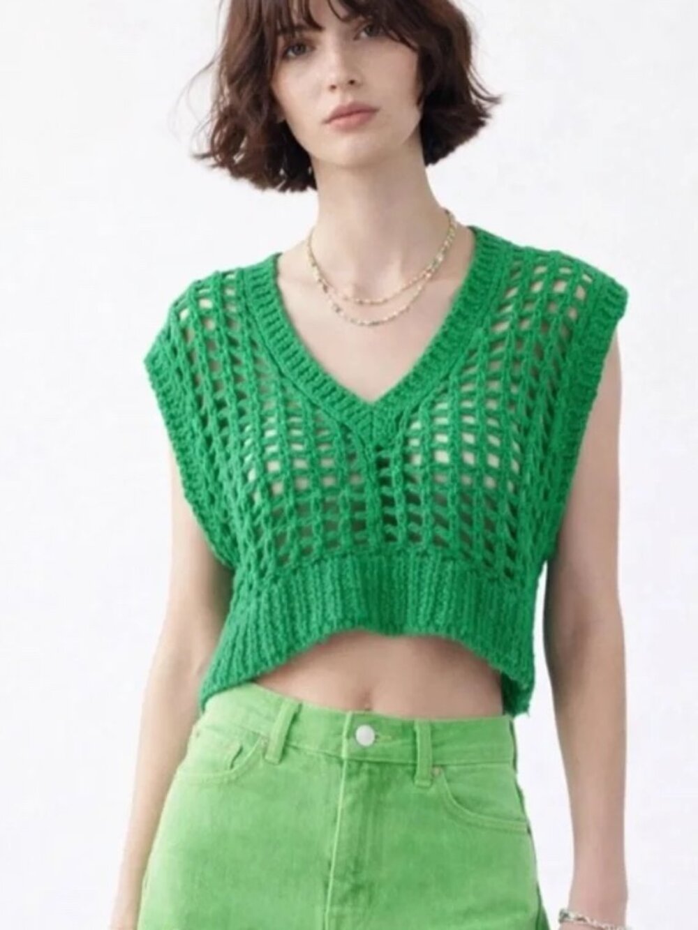 Urban Outfitters BDG Kelly Green Crochet Knit Cropped Leigh Top Sz. Small Petite